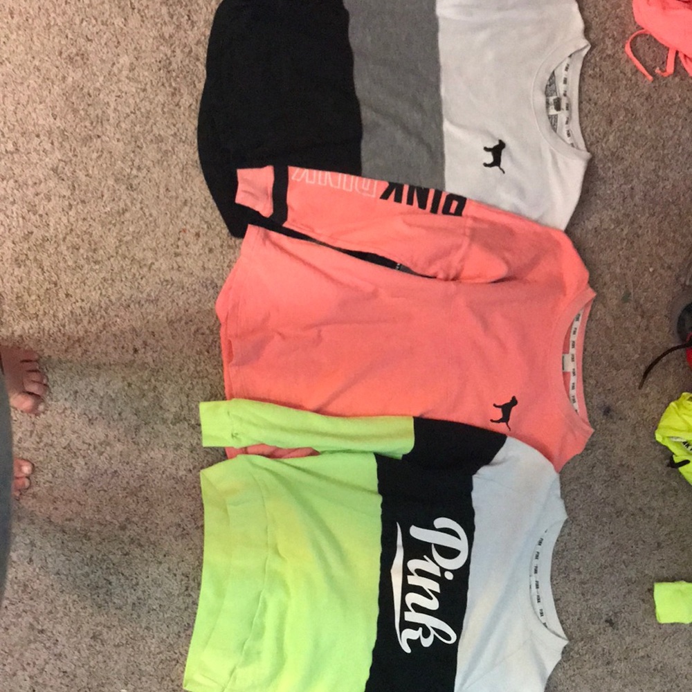 three PINK crew necks